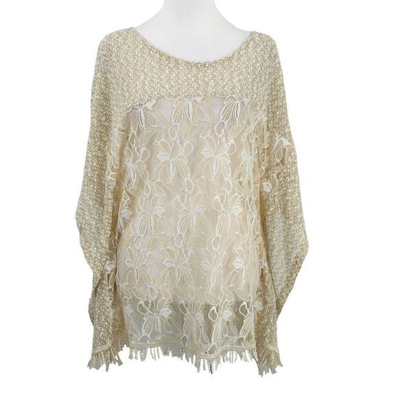 Alter’d State Floral Lace Sheer Gold Speck Cream Poncho Style Top Size Small - Picture 2 of 16
